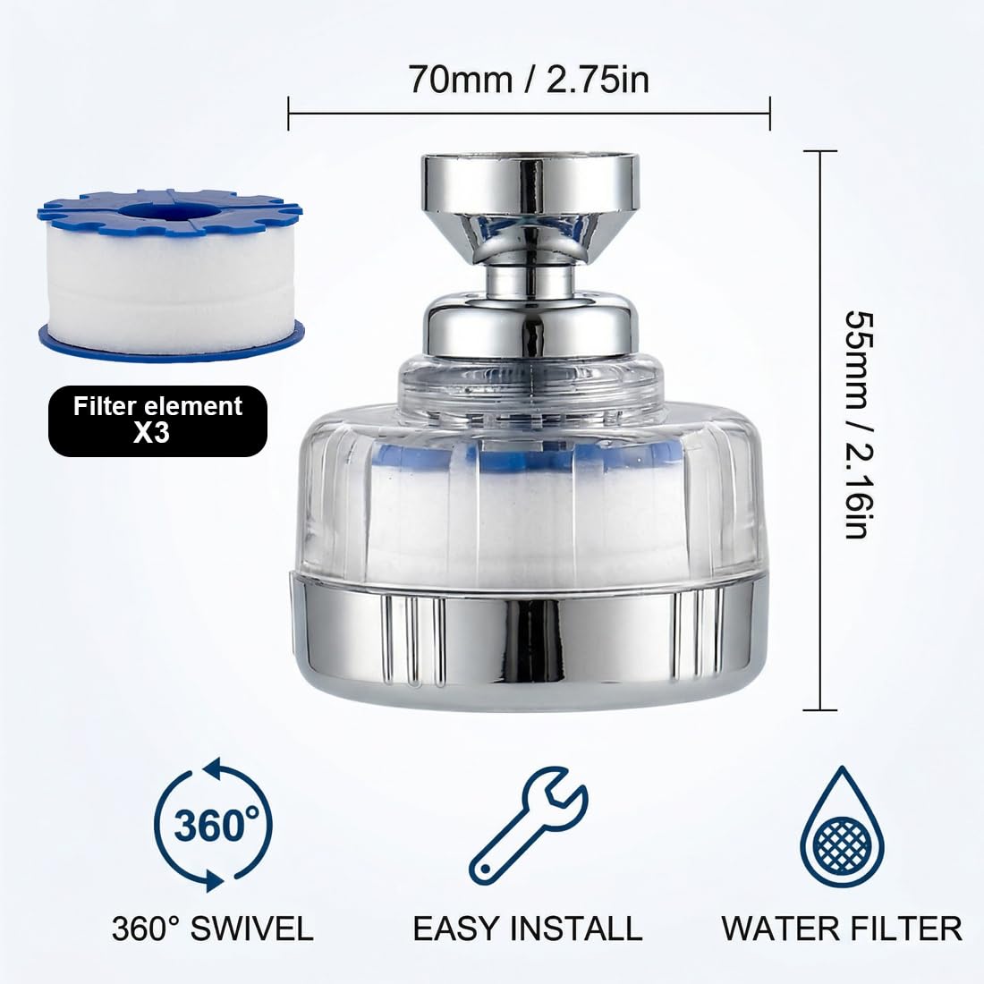 Filtro Acqua Rubinetto, filtro acqua a 360°, con 3 elementi filtranti, Filtro Calcare Rubinetto Cucina Girevole, Facile Installazione, per Casa, lavello, cucina, bagno, Lavandino
