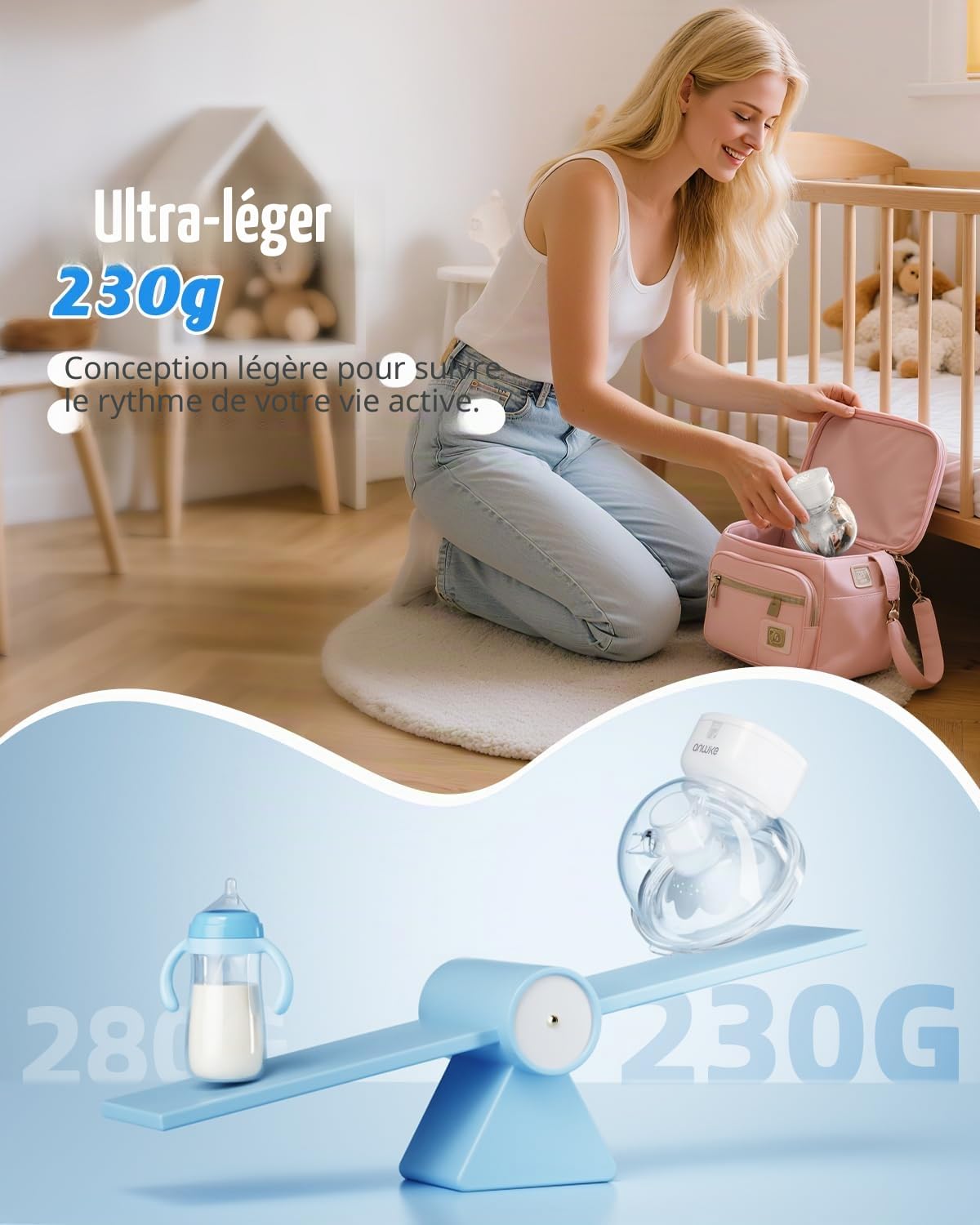 ANWIKE MY-376 Tire-lait électrique double, ultra-léger (230 g) - Tire-lait mains libres et indolore, idéal pour la conduite et les voyages, silencieux (40 dB), 4 modes, 9 niveaux d'intensité.
