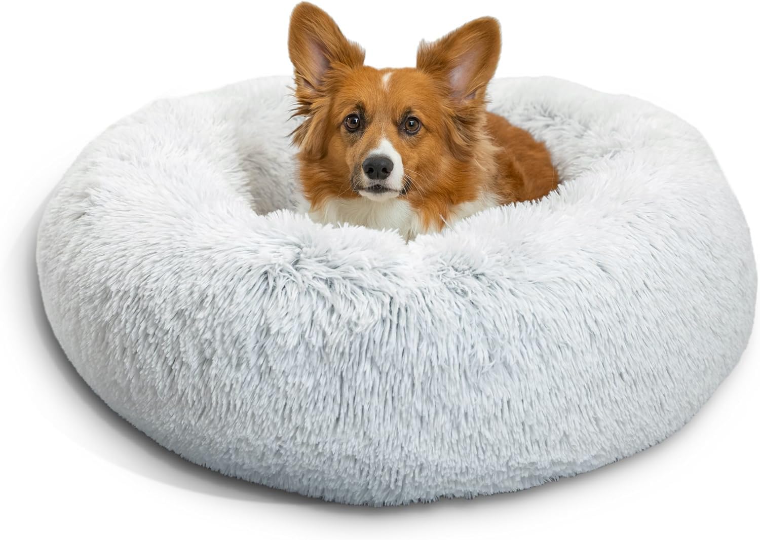 ROHKAO Calming Dog & Cat Bed, 80cm Anti-Anxiety Donut Cuddler Warming Cozy Soft Round Bed, Faux Fur Plush Cushion bed for Small Medium Large Dogs and Cats, light grey (Medium 80 x 80CM)