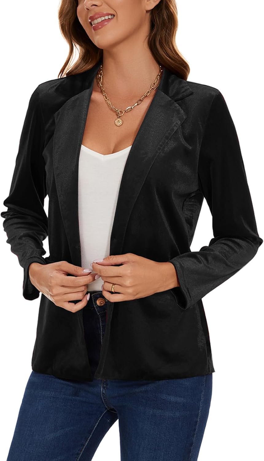 Women's Casual Velvet Blazer Work Office Long Sleeve Lapel Button Tailored Jacket Coat Blazer with Pockets - Image 5