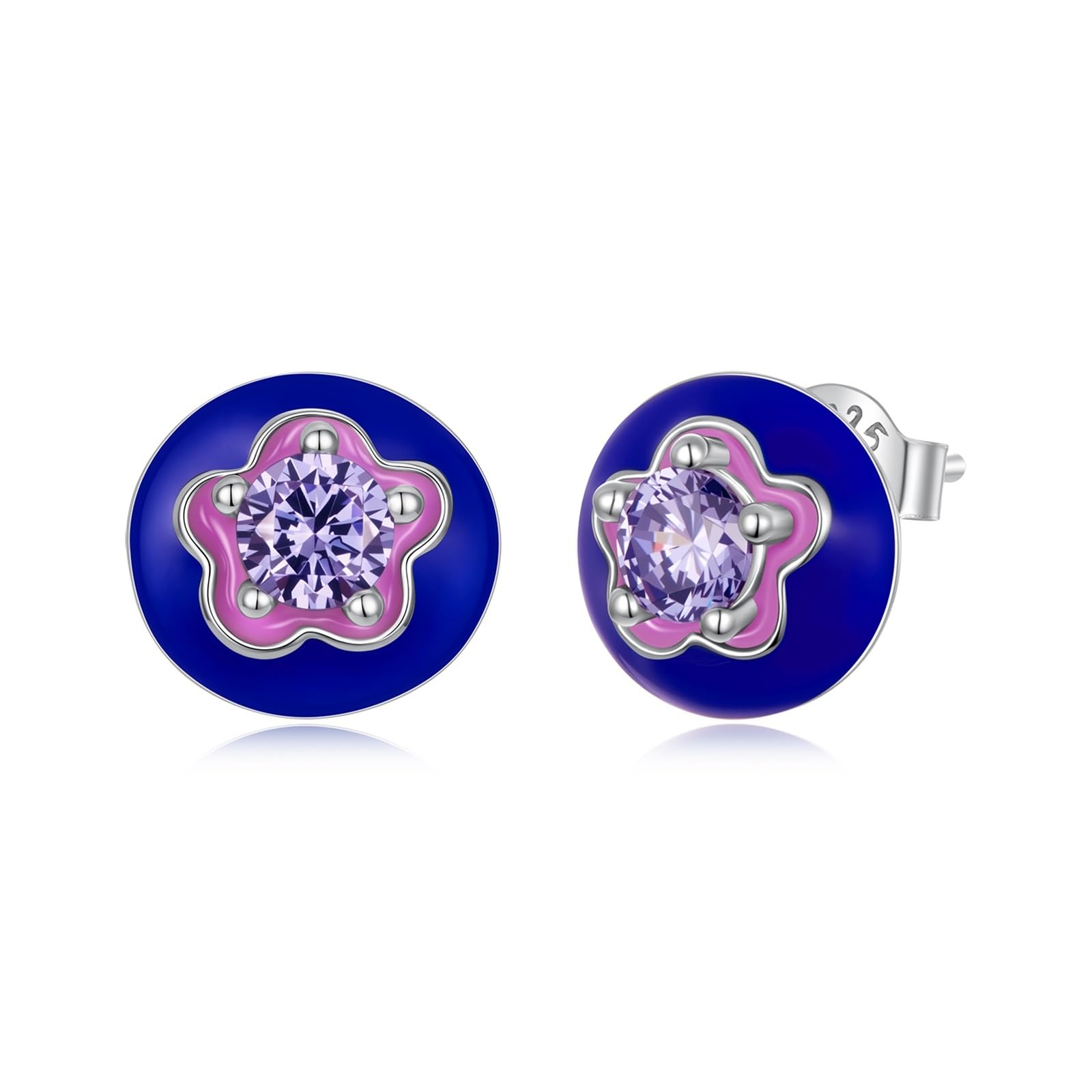 Orecchini 925 Argento Sterlino Mirtillo Fiore Smalto CZ for Donne