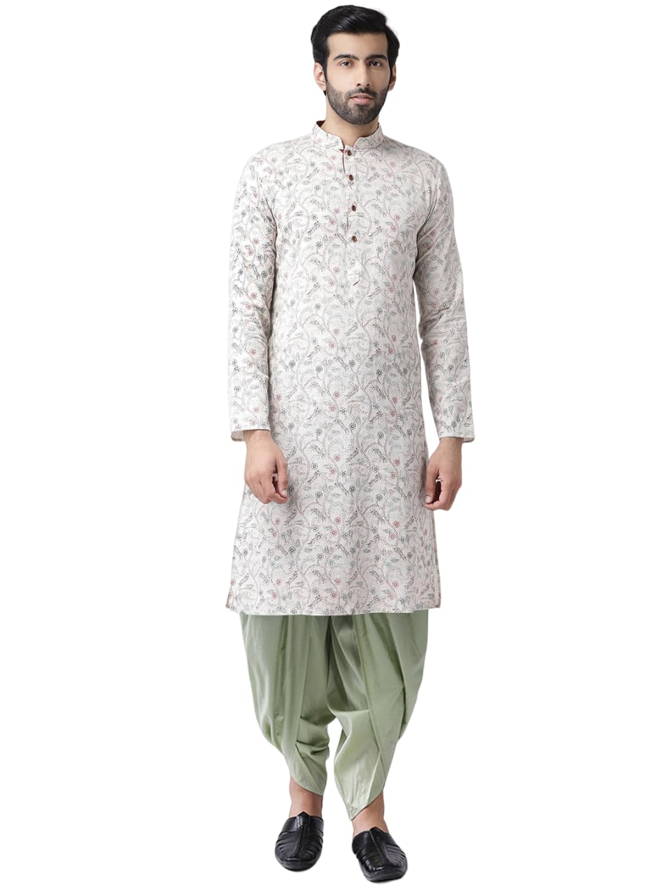 Kisah Men's Kurta Dhoti Set, Multicolored Cotton Blend, Printed Regular Fit Mandarin Collar Long Sleeves (L)