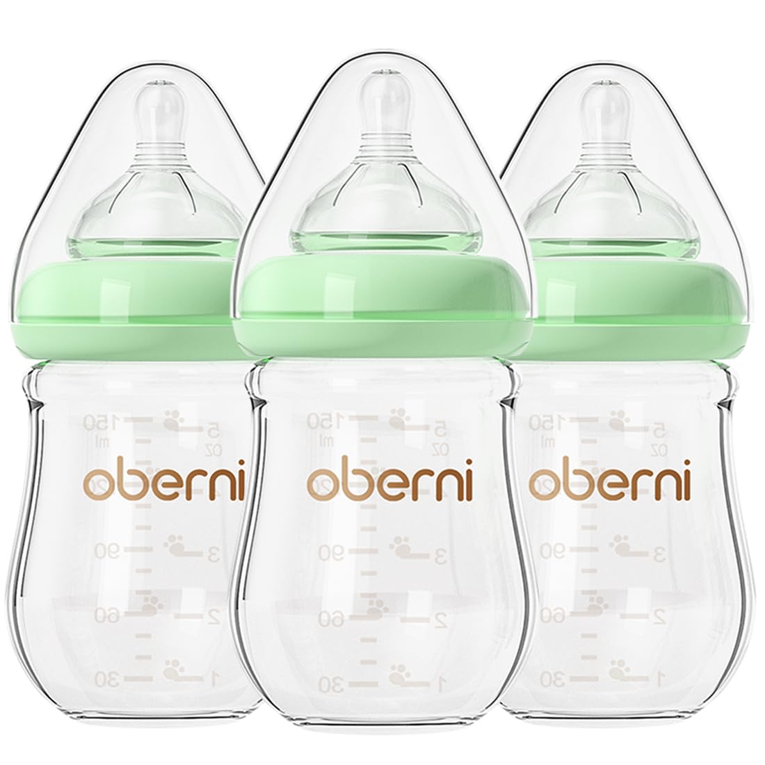 Anti-Colic Glass Baby Bottles with Slow Flow Breast-Like Silicone Teat, 150ml, 0+ Months, Wide-Neck, Green/3Pack