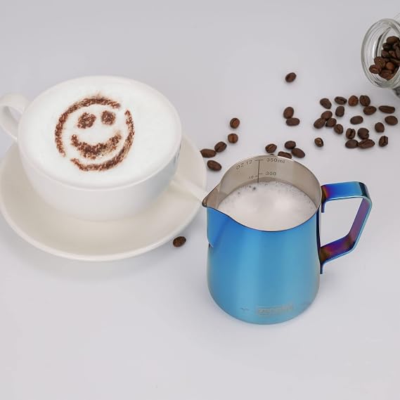 Milk Frothing Pitcher, 12oz Espresso Steaming Pitchers Stainless Steel Cappuccino Coffee Machine Accessories Barista Tools Steam Froth Pitchers Milk Jug Cup with Decorating Pen Latte Art, Blue