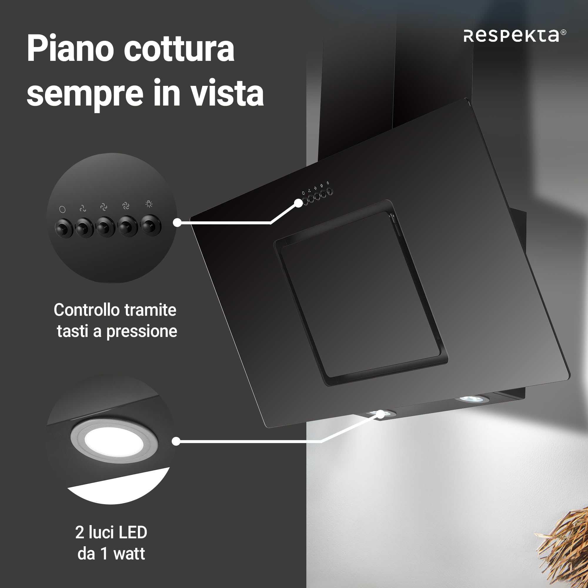Respekta Cappa cucina inclinata con spazio per la testa | Cappa cucina verticale 90 cm | Scocca in metallo con vetro nero | Funzione di scarico e ricircolo | CH22010|90SBZ | B | 54 – 62 dB