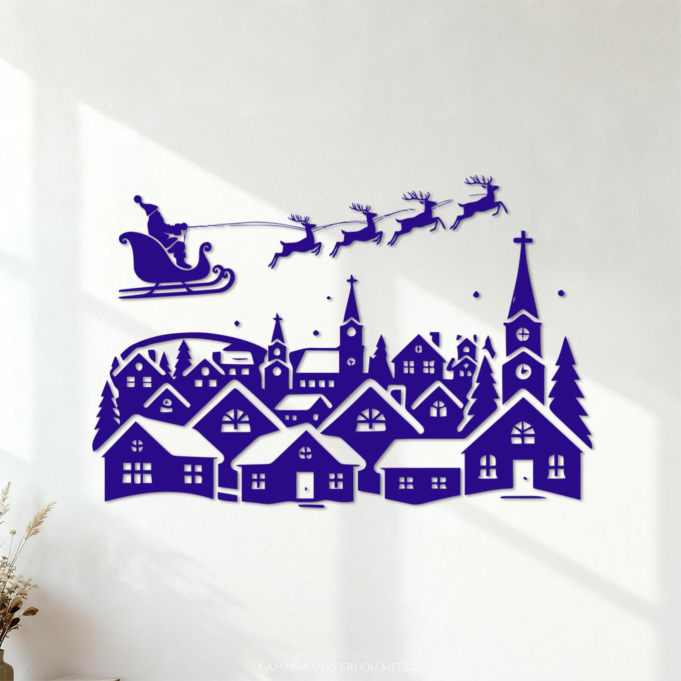 Ergou Stickerdecal-87156 Santa Sleigh Over Snowy Village Christmas Silhouette Engraving Decals 50.4X75.7cm Waterproof Darkblue