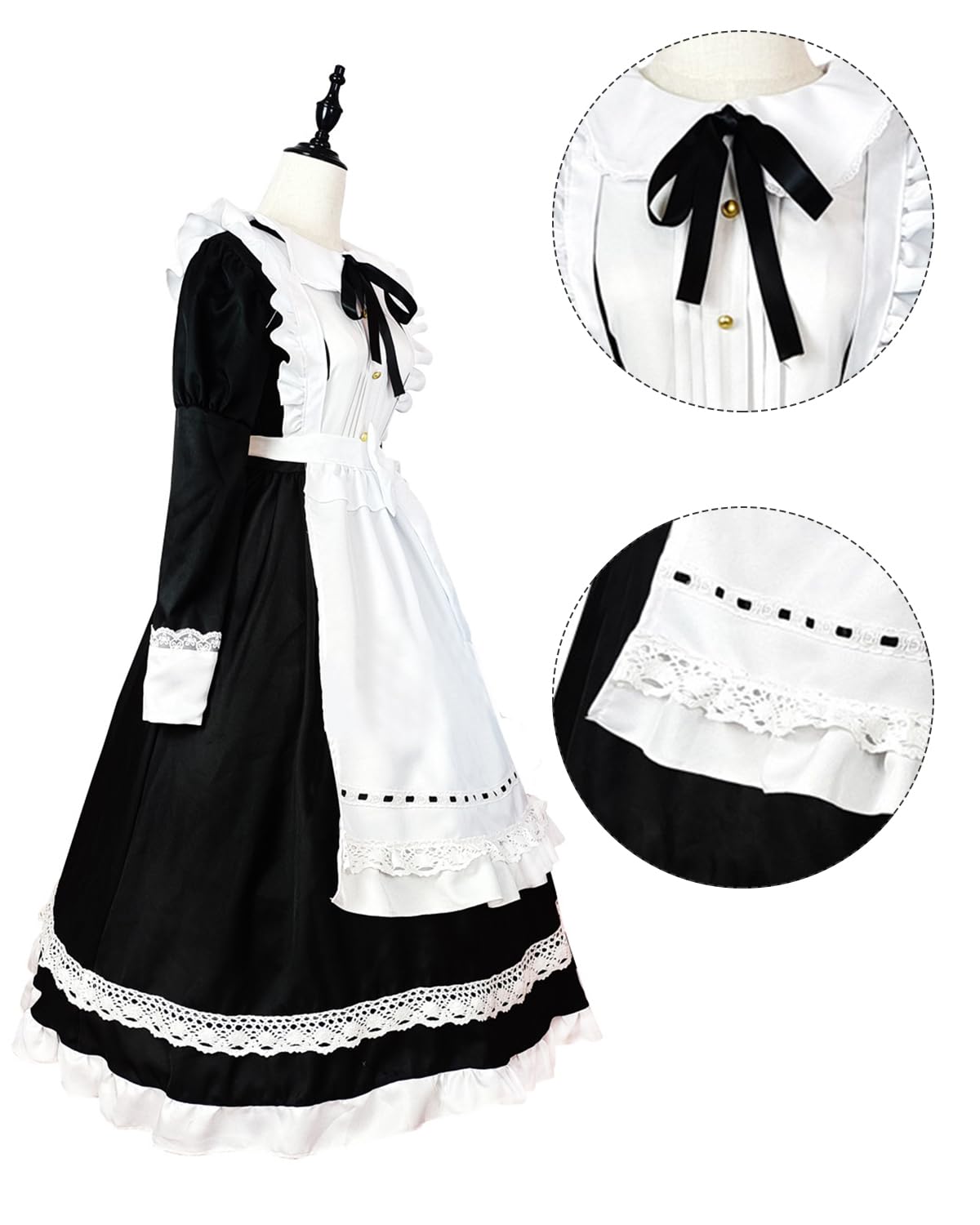 CR ROLECOS Maid Outfit Costume: Victorian Lolita Maid Dress Apron with Headwear & Bow - Black, Plus Size, Female, Halloween - Image 4