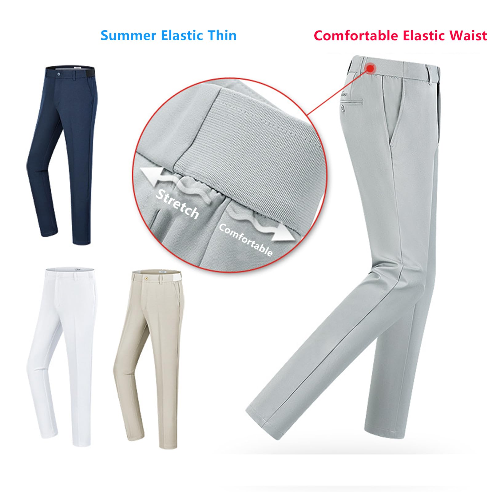 FGRID Pantalones de Golf para Hombre, Informales elásticos Transpirables para Trabajo de Verano con Cintura elástica Fina y Corte Recto para Viaje.