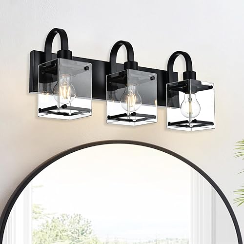 Miniatura 14 de Lámparas de tocador de baño de 3 luces, modernas luces de tocador con pantalla de vidrio transparente, lámpara de pared de níquel cepillado para