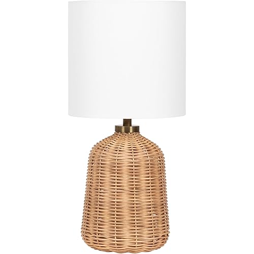 Kate and Laurel Wylla Modern Rattan Bedside Table Lamp, 8 x 8 x 18, Natural Rattan, Decorative Woven Tabletop Desk Lamp with Linen Shade for Living Room Decor