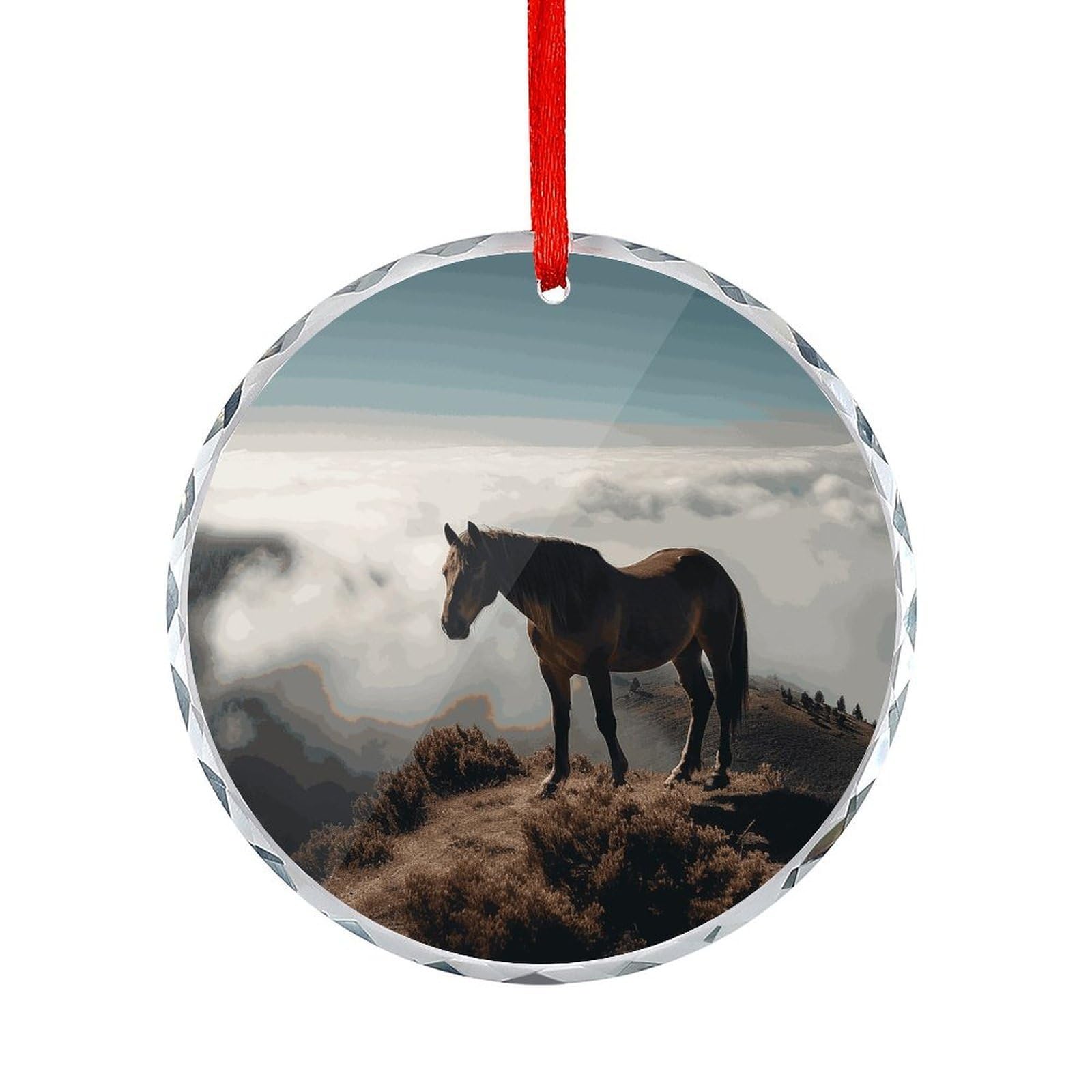 Btcowzrv Style Horse On A Misty Mountaintop Round Ornament Hanging Pendant Decor