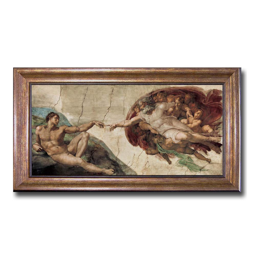 Creation of Adam by Michelangelo Premium Bronze-Gold Framed Canvas Art (16 in x 28 in Framed Size, Ready-to-Hang)
