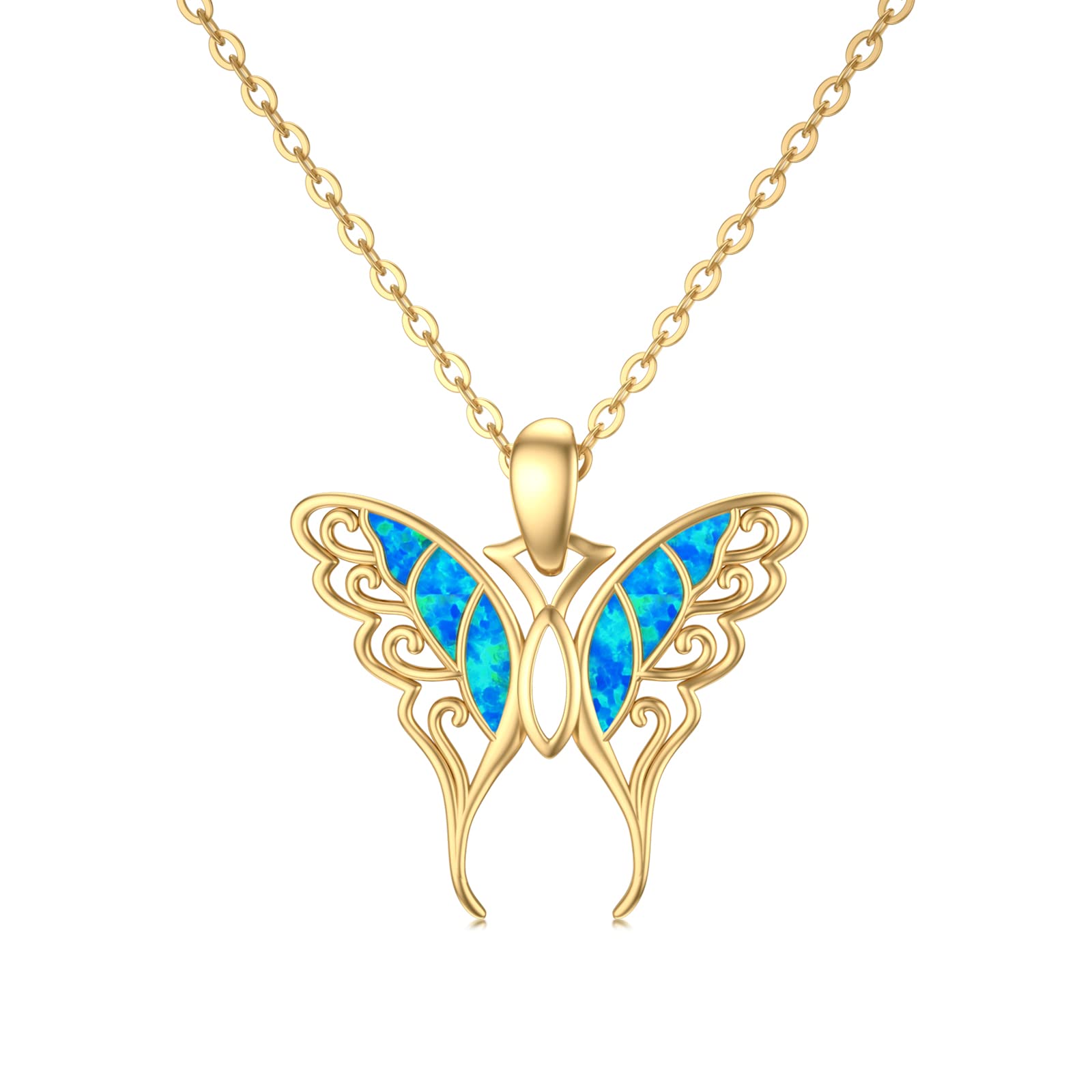 SISGEM 14K Real Gold Butterfly Necklace with Blue Opal for Women,Yellow Gold Butterfly Pendant Necklace Dainty Filigree Butterfly Jewelry Gifts for Birthday Christmas 16+1+1 inch