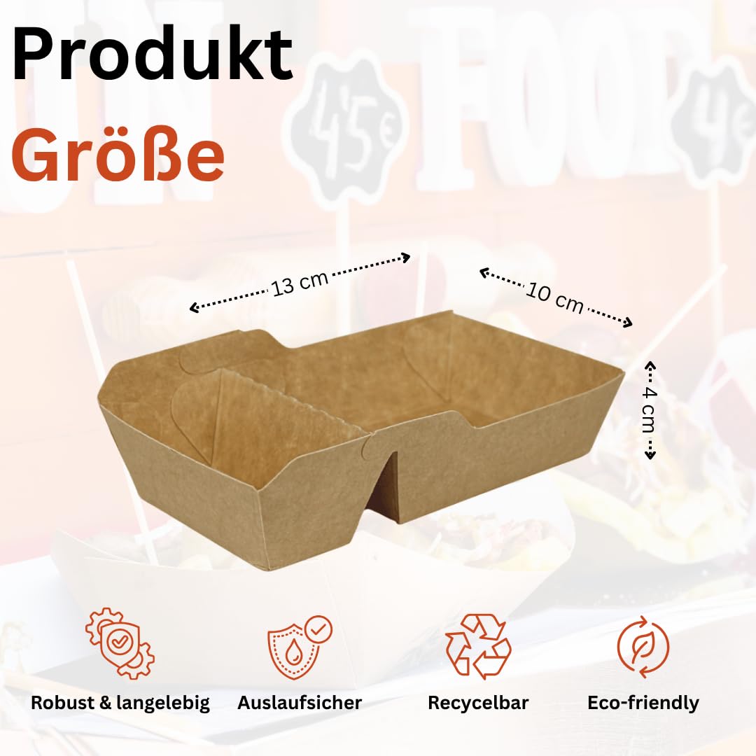 Enpack Snackschale A23 (A7+1) - 50 Snackschalen aus Kraftkarton - Einweg Pommesschalen - Pommes-Frites-Trays - Snack Container - Fingerfood Schiffchen mit 2 Fächer beschichtet - abbaubar 9x17x3,5 cm
