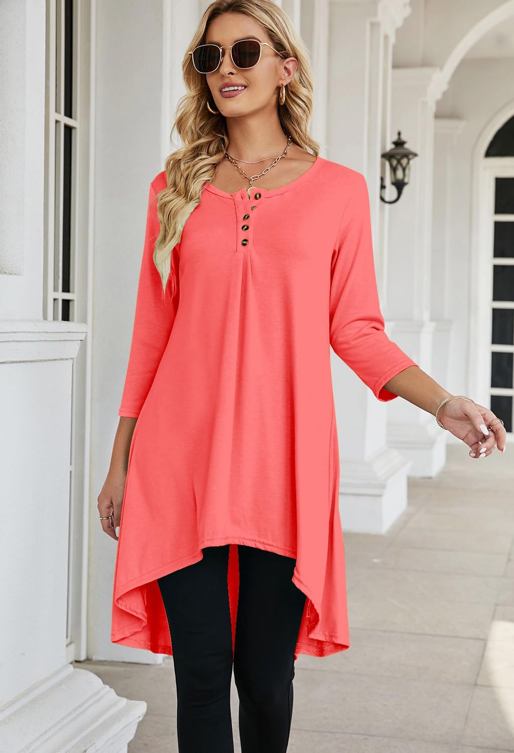 Naggoo Neon Orange Shirt Women Casual Summer Fall Soft 3/4 Sleeve High Low Tunic Tops Neon Orange M - Image 2