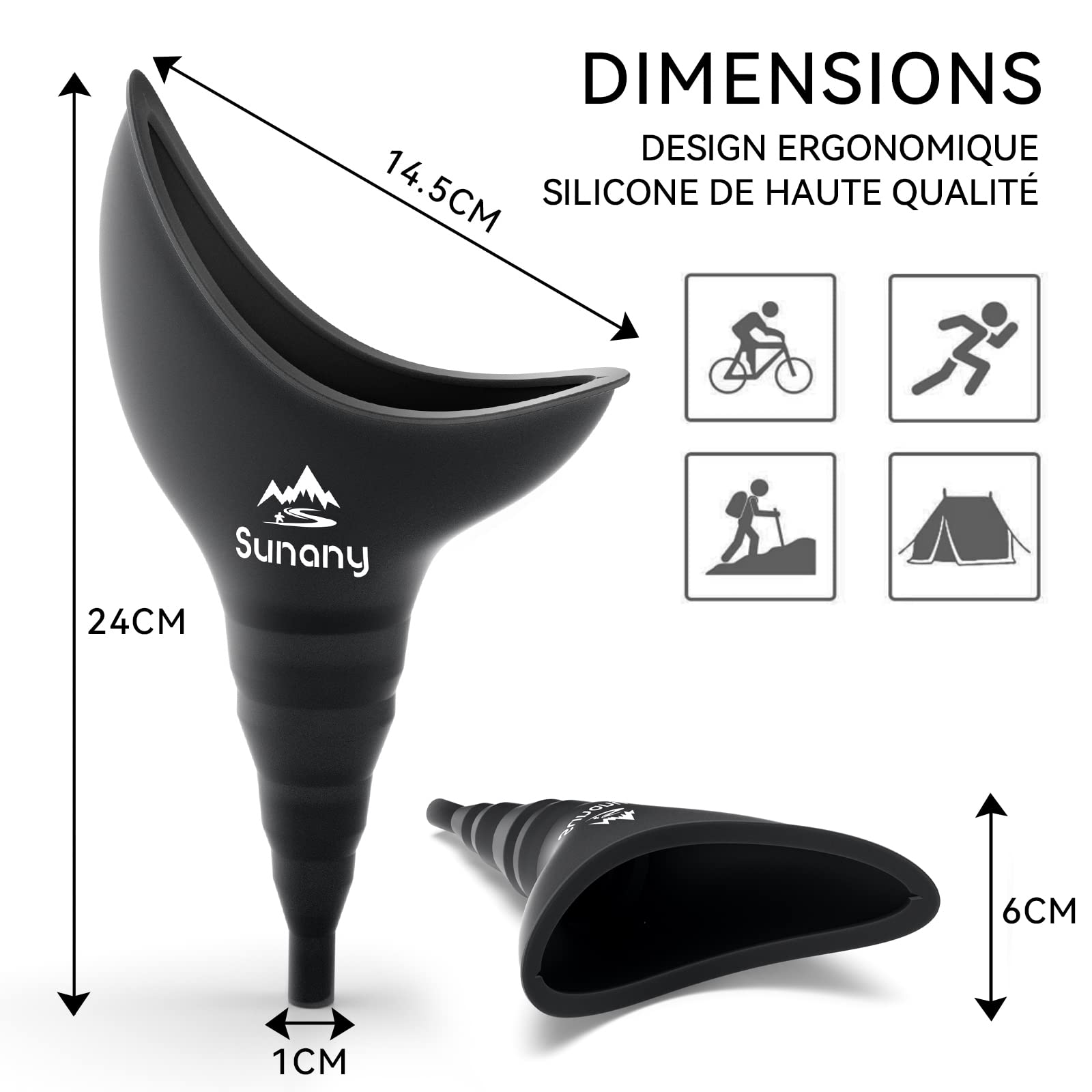Sunany Urinoir Femme,Urinoir Femelle à Entonnoir en Silicone, Portable pour Pipi Debout Femme,Réutilisable Urinaux Toilette Féminine, pour en Plein air, Activités, Camping,Voyage(Noir)