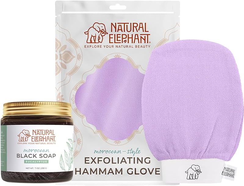 Natural Elephant Sabonete preto marroquino 200 g com luva esfoliante Hammam Lovely Lilac