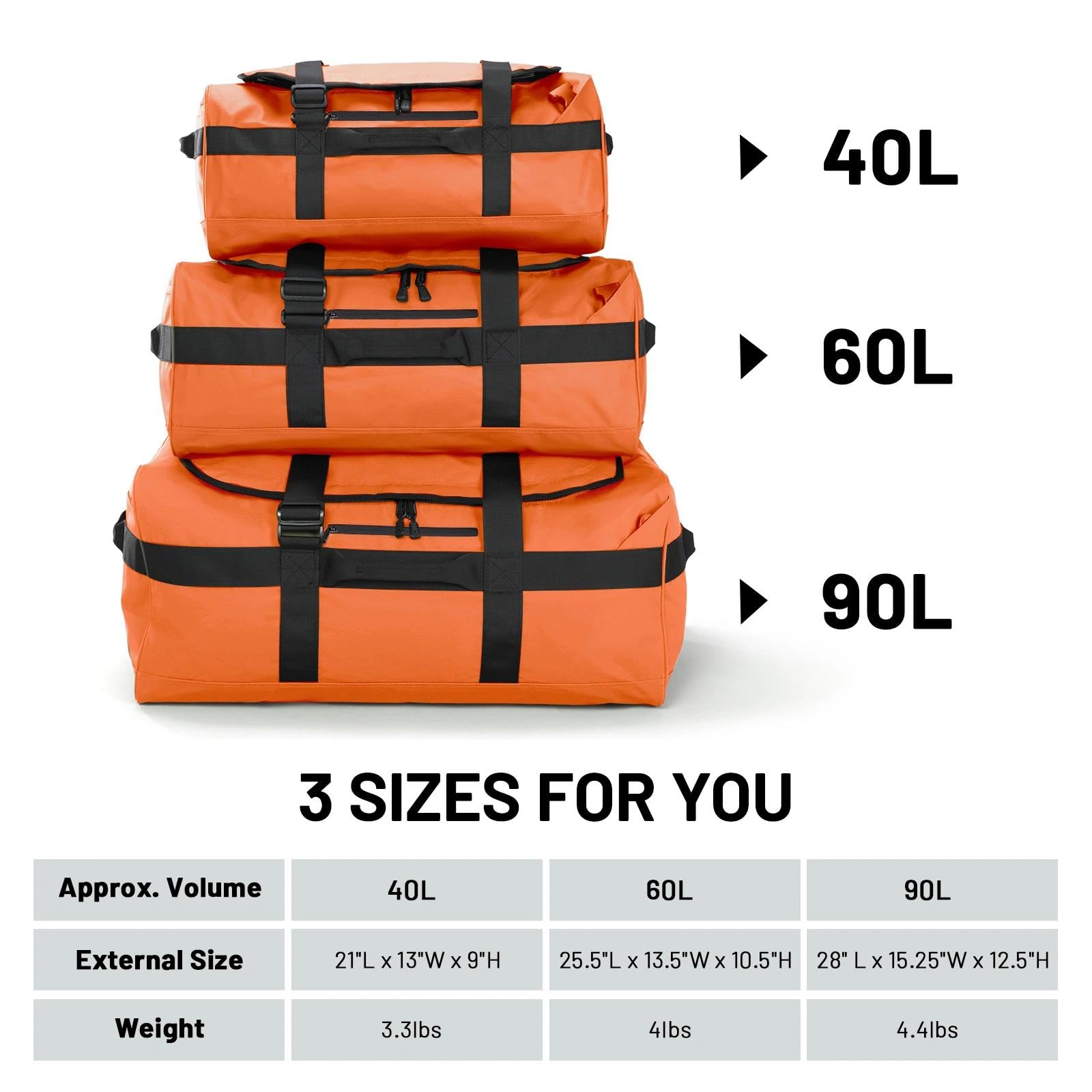 MIER - Bolsa de deporte para hombre resistente al agua grande mochila convertible con correas de mochila y compartimento para zapatos para gimnasio, viajes, 40 l/60 l/90 l, naranja, 60 L, deporte