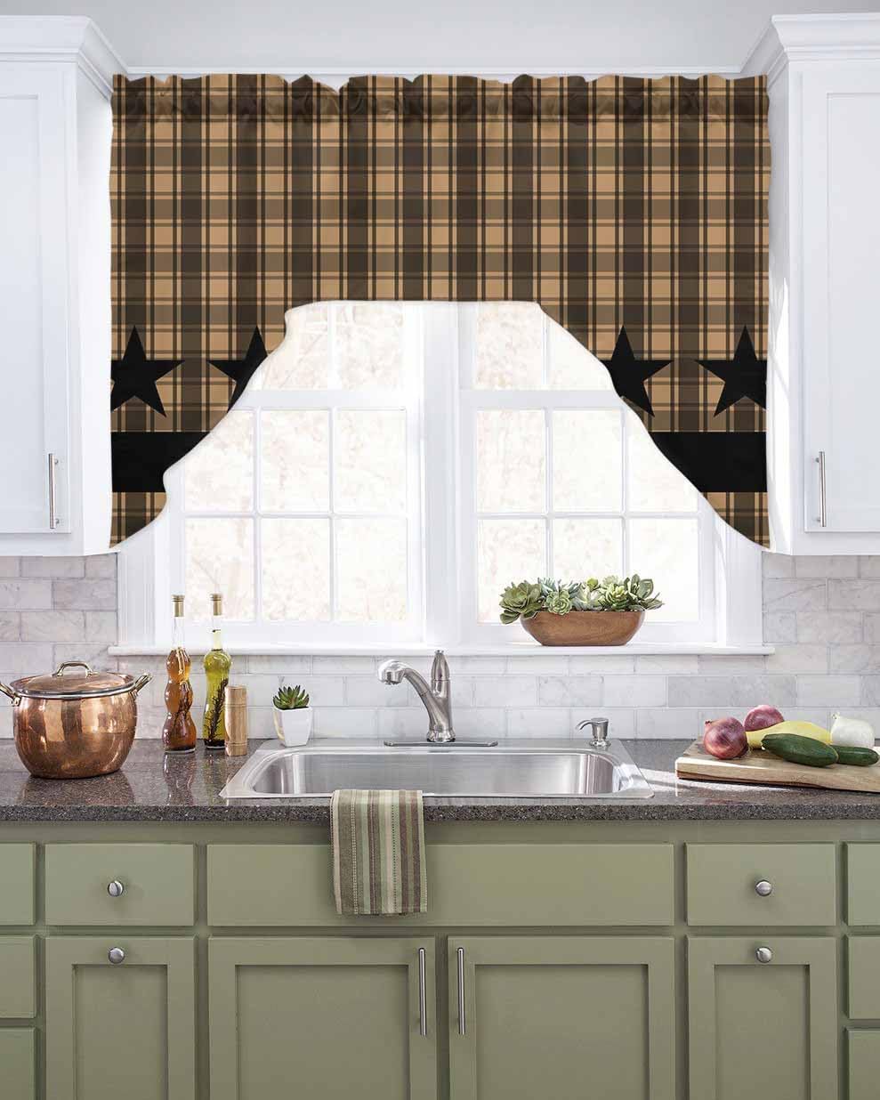 Brown Black Plaid Swag Valances for Windows Vintage Rustic Star Buffalo Check Rod Pocket Kitchen Curtain Light Filtering Topper Drape for Bathroom Cafe Bedroom Living Room Window Treatments 56"Wx36"L