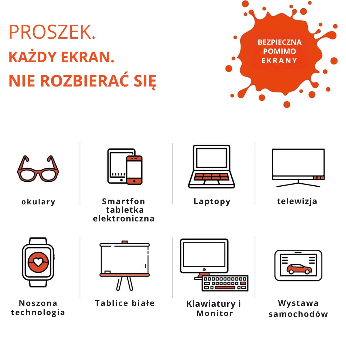 WHOOSH! Chusteczki do Czyszczenia Ekranu 70 szt., Bez Alkoholu, Bez Smug, TV OLED, Laptop, Smartfon, Okulary, Ściereczka Microsuede Gratis