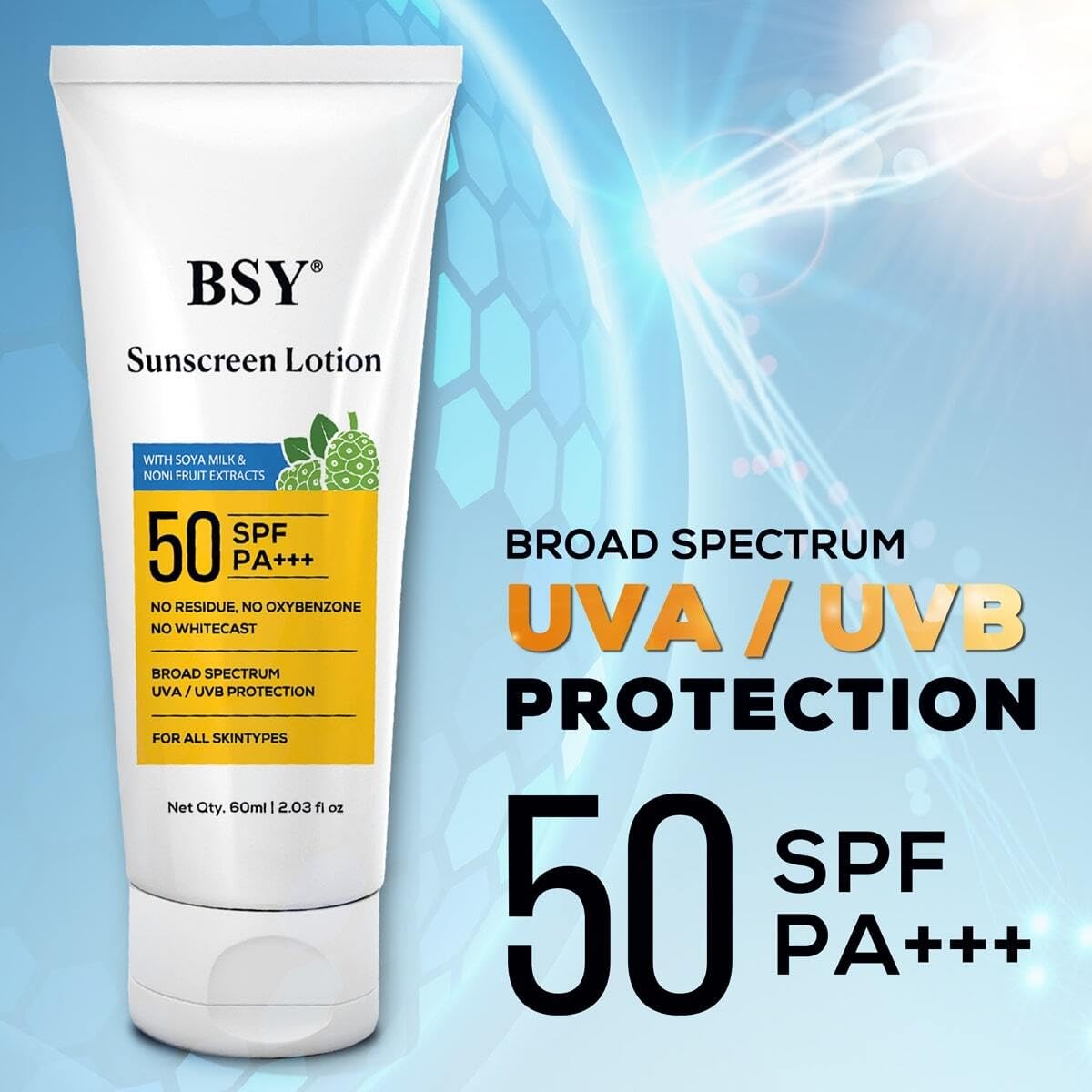 BSY Noni Sunscreen Lotion SPF 50 PA+++ (2.03 fl oz) | Infused with Noni & Soy Milk Extracts | Mineral Sunscreen with No White Cast | Water-Resistant | UVA/UVB Protection | For All Skin Types