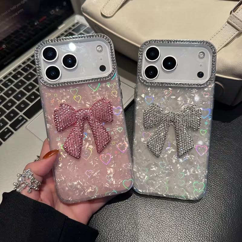 Image of mobistyle Compatible with iPhone 17 Pro | Rhinestone Bow Elegant Heart Shell Pattern and Camera Lens Protection Back Cover Case for Women Girls iPhone 17 Pro (Pink)