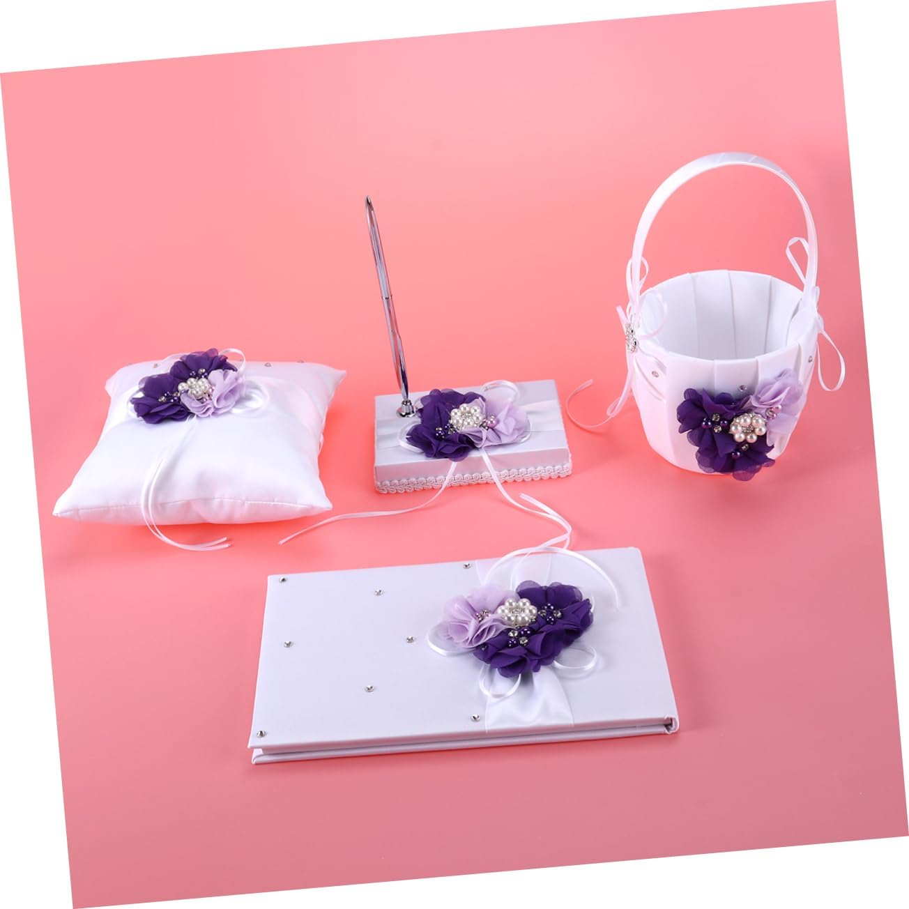 Kichvoe 4pcs Wedding Ring Pillow with Chic Pearl Flowers Flower Basket Notebook and Pen Holder for Bride Ceremony Taro Color Purple Floral Design