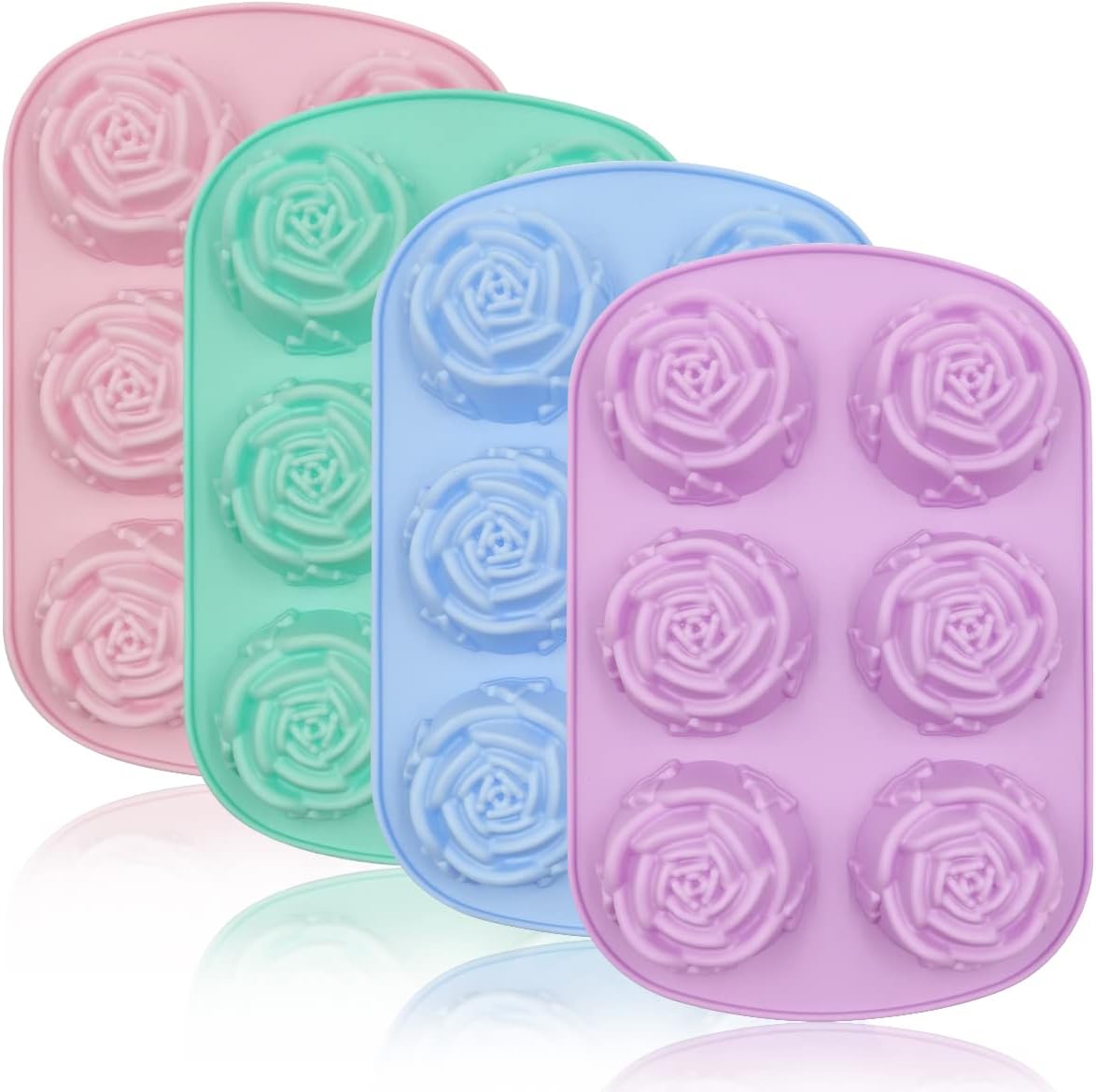 4 Pack Rose Silicone Mold for Chocolate,DanziX 6-Cavity Rose Molds Silicone Rose Shaped Ice Cube Molds-Purple,Green,Pink,Blue