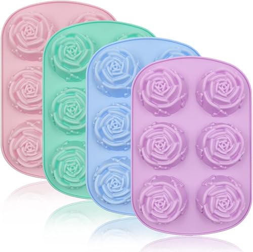 DanziX 6 moldes de silicona de flores de rosas de cavidad, 4 moldes antiadherentes de silicona para dulces de chocolate, gelatina, galletas, pudines