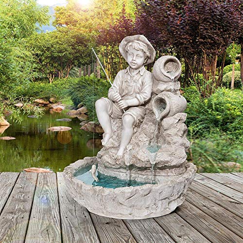 Design Toscano KY697 Little Fisherman at The Fishin' Hole Fuente escultórica, Acabado de Piedra Antigua