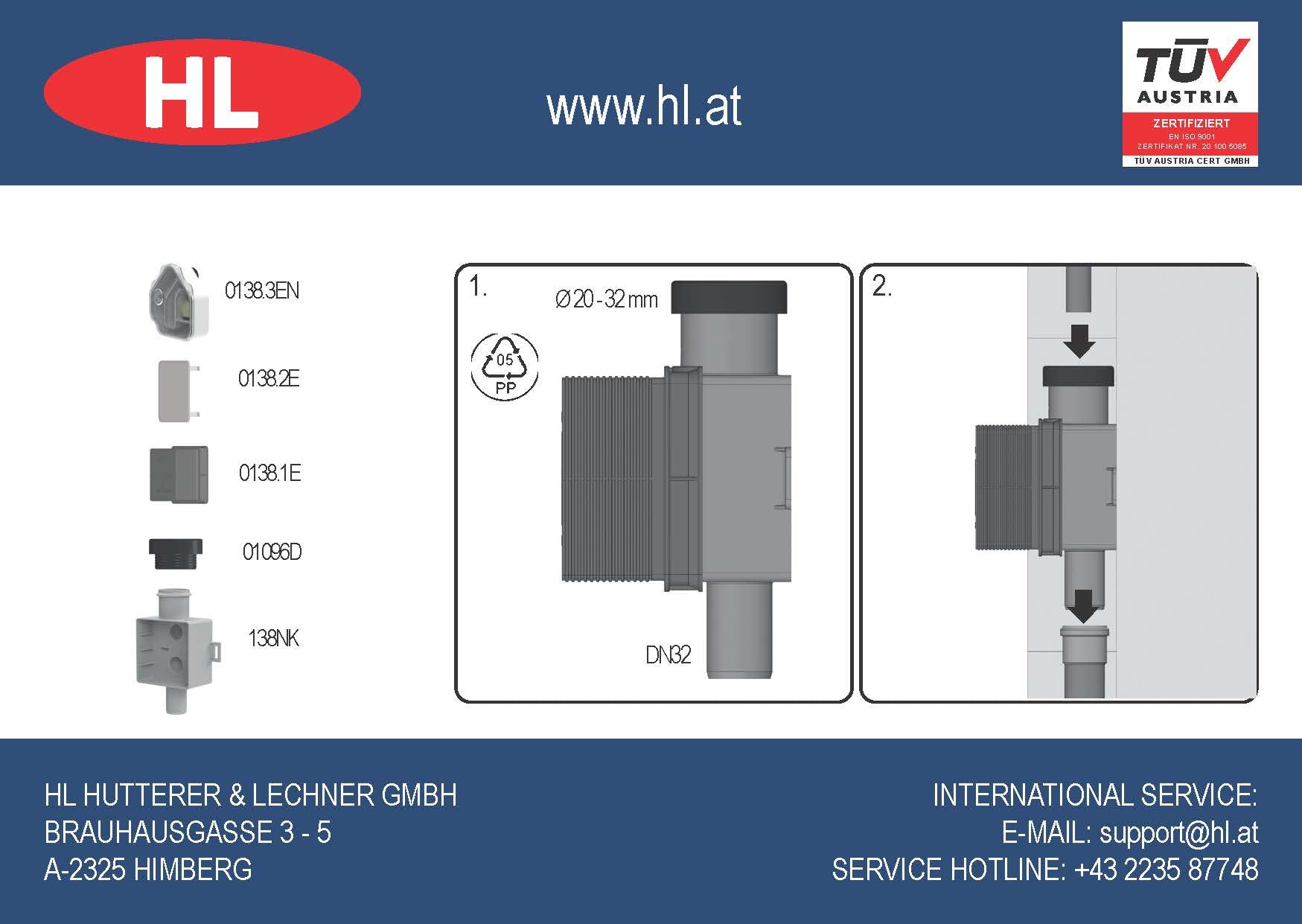 Siphon de condensat HL138 DN32 pour climatiseurs Hutterer Lechner en PVC Blanc/Noir