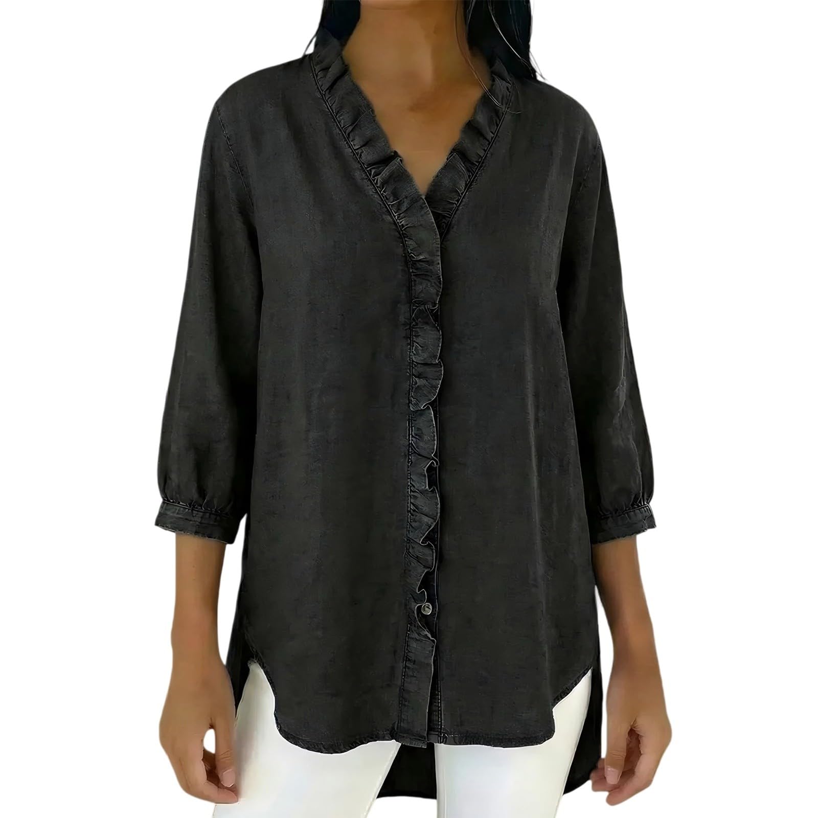 Chemise élégante pour femme avec volants – Chemise en jean pour femme à manches longues grandes tailles T-shirt col avec boutons style denim chemisier volants à la mode tunique décontractée