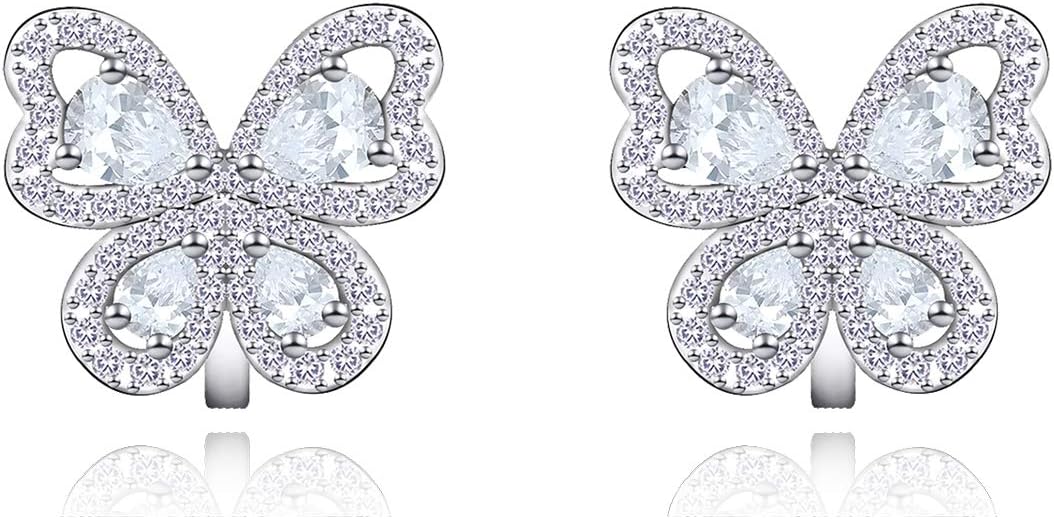 QUKE Cubic Zirconia Crystal Butterfly Shape Clip On Earrings Non Pierced Stud For Women Girls