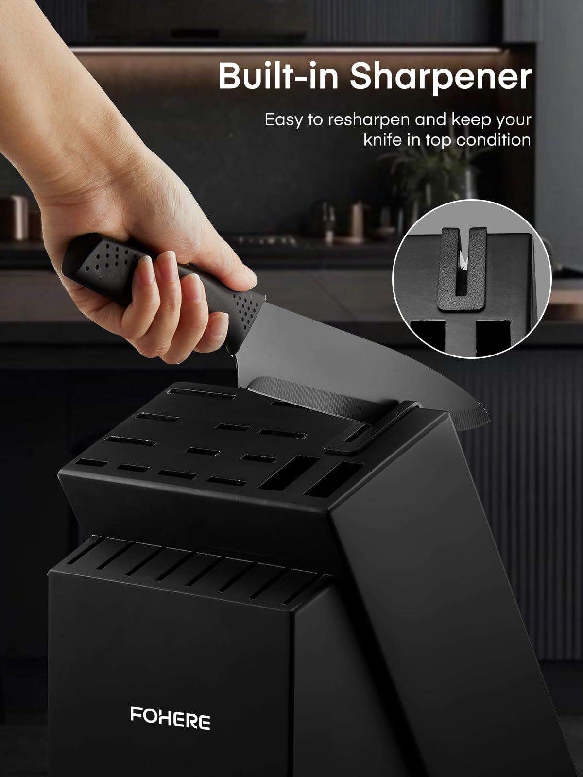 Couteaux de Cuisine avec Bloc FOHERE 23 Pièces Ensemble De Couteaux avec Affûteur Intégré, Bloc de Couteaux avec Couteau à désosser, Couteau à fromage, Noir