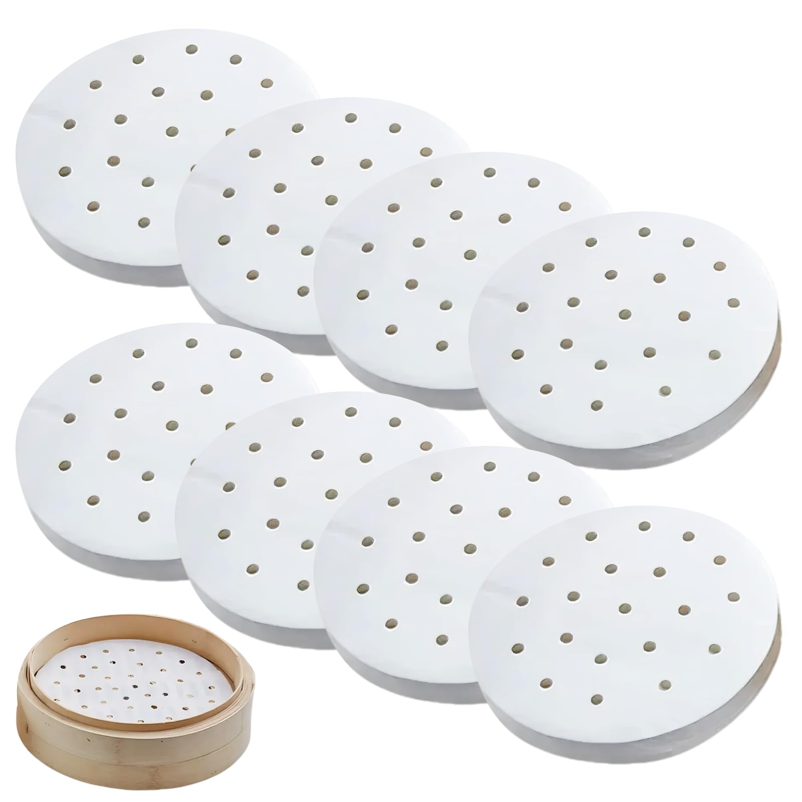 200pcs de papel perforado 18 cm de bambú para cocinar al vapor y al vapor, 7 pulgadas de papel de pergamino antiadherente como papel dim sum, freidora de aire (200pcs 18cm)
