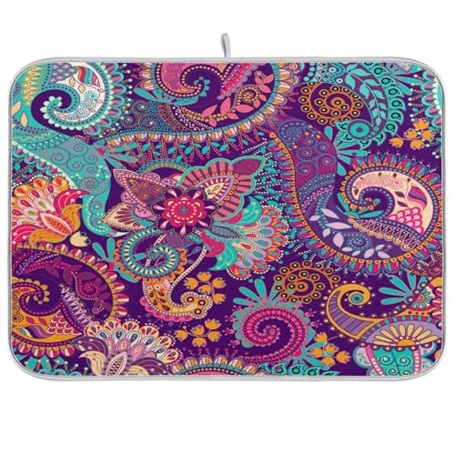 Kcldeci Indian Bohemian Mandala Dish Drying Mat Absorbent Reversible Microfiber Drying Mat Colorful Boho Floral Pattern Paisley Machine Washable Dish Drying Pad for Kitchen Counter Large 18x24 inch