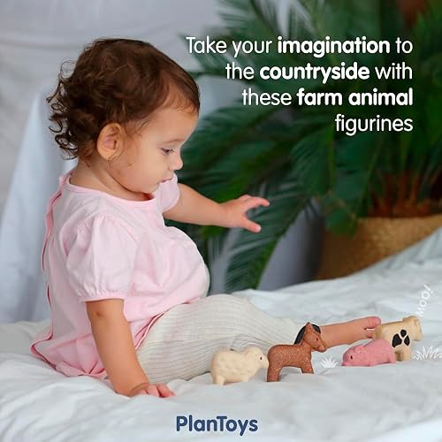 Miniatura 4 de PlanToys Juego de 4 piezas de animales de granja (6127)  Hecho de madera de caucho y pinturas y tintes no tóxicos  PlanWood ecológico