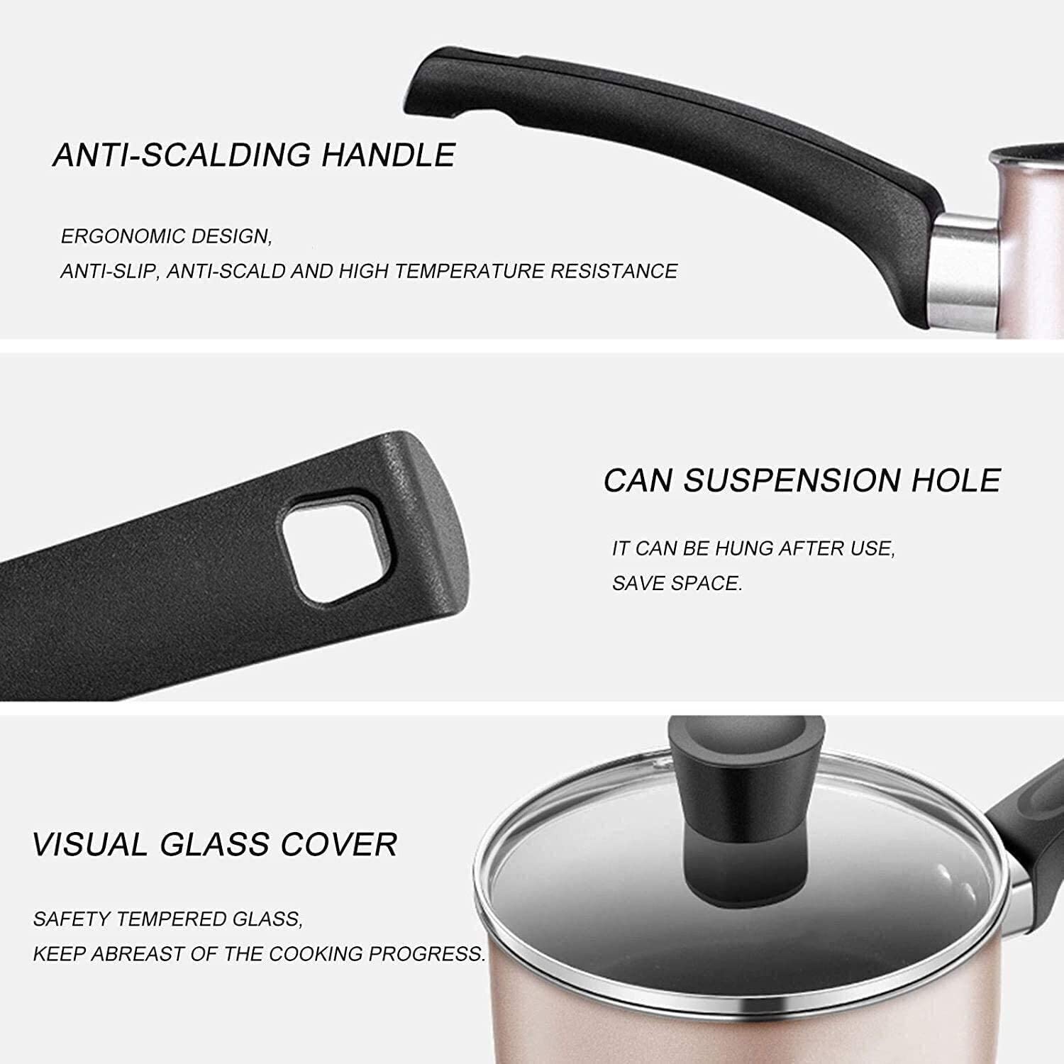 Maifan Stone - Pentola antiaderente con coperchio in vetro, manico ergonomico, per latte caldo, salse e zuppe