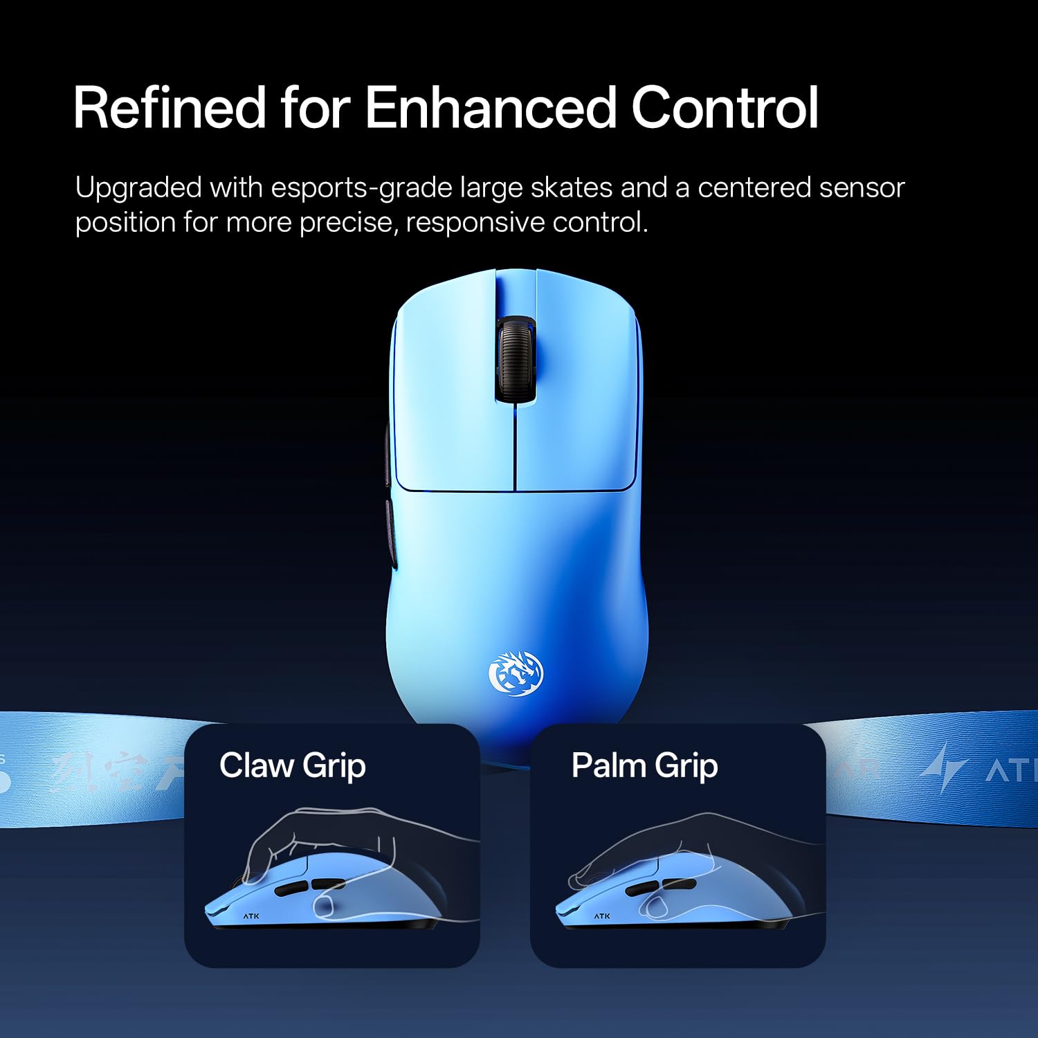 ATK Blazing F1 V3 Ultimate+ Souris de jeu sans fil, capteur maître PAW3955, DPI jusqu'à 50 000, 37 g légère, 300 heures d'autonomie, revêtement nano, double mode 2,4 G/filaire – Bleu perle
