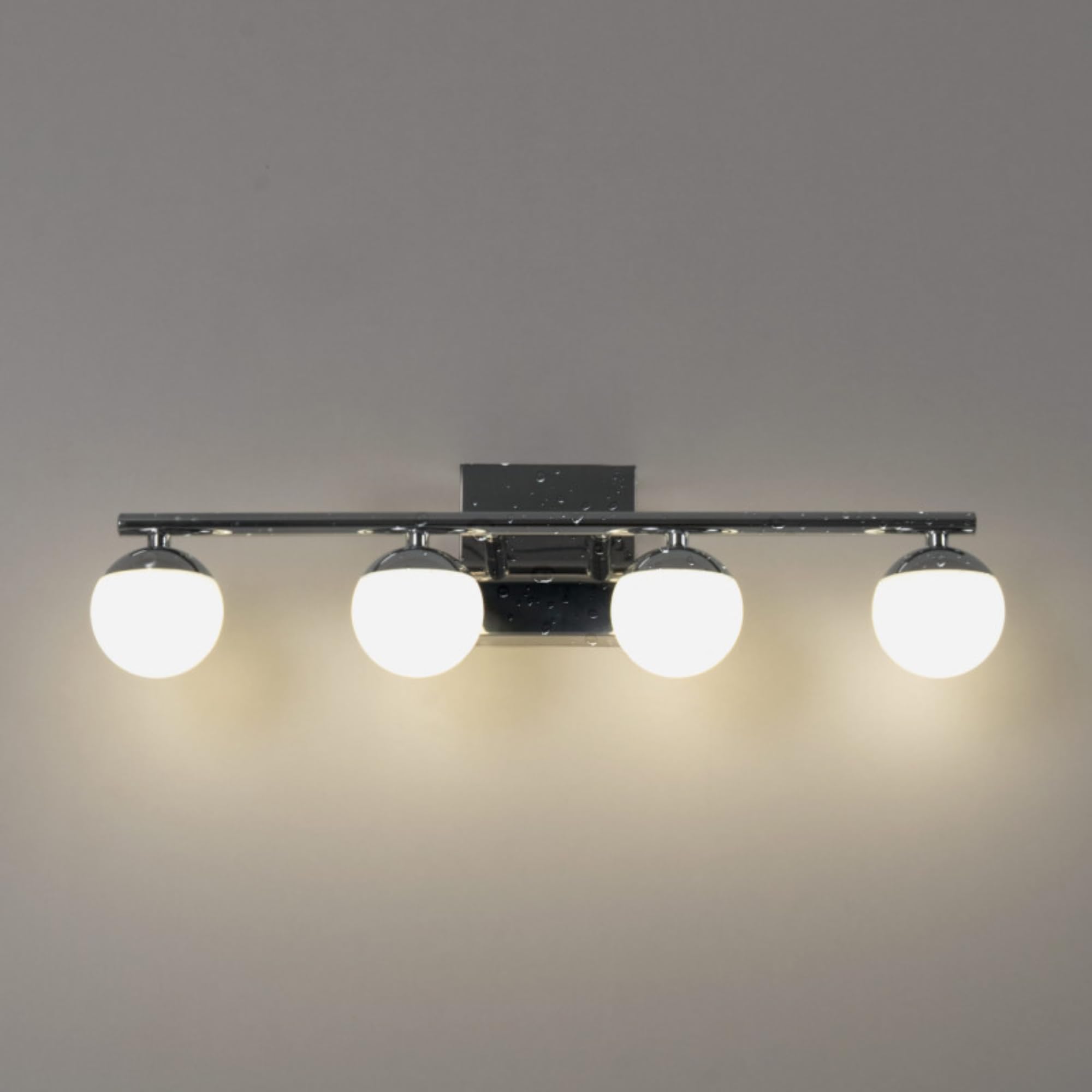 BARCELONA LED Aplique LED para baño Cromado 12W IP44 con 4 esferas difusoras. Luz blanca neutra 4000K. Barra de 49 cm. Lámpara de pared para Baño, illuminación moderna y funcional para espejo y lavabo
