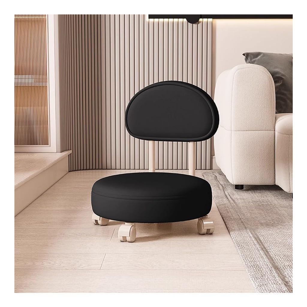 Wdsopk Black 360° Rotating Low Stool With Backrest,Rolling Pulley Stool Low Stool With Wheels,Shoe Changing Makeup Cleaning Chair Faux Leather Ottoman Pulley Chair（Black）
