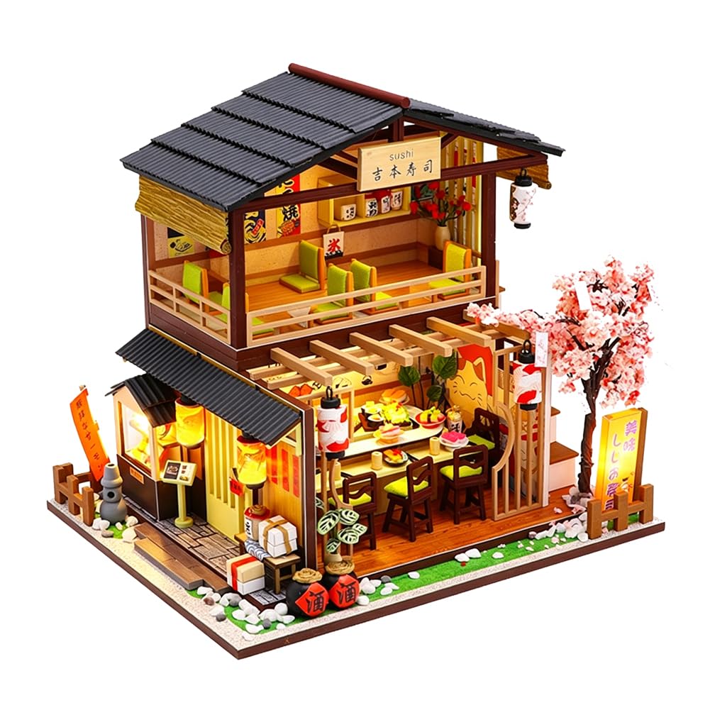 Miniature Dollhouse Kit Japanese-Style Two-Story Sushi Restaurant Miniature Model Adult DIY Building Kit 3D Wooden Mini Dollhouse Architectural Model Home Decor