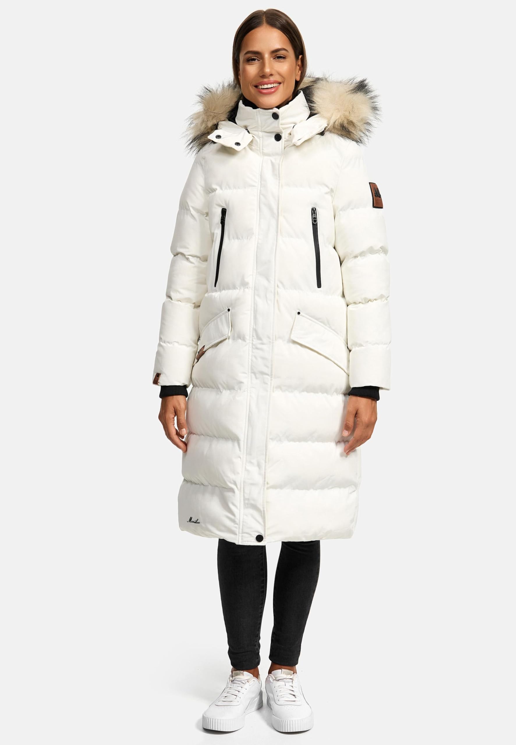MARIKOO Damen Wintermantel warmer Steppmantel lang mit abnehmbarem Kunstfell und Kapuze Schneesternchen XS-XXL