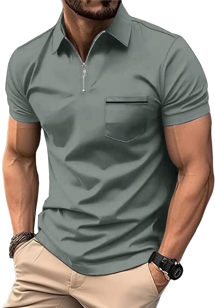 ZITY Mens Polo Shirts Quarter Zip Shirts Casual Classic Lightweight Short Sleeve Golf Collared Shirt with Pocket