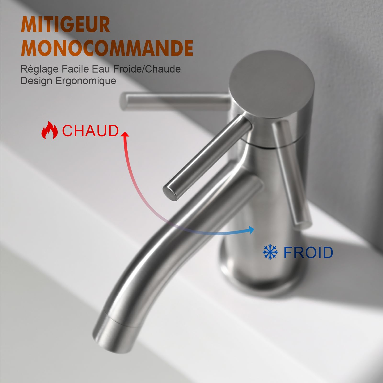 Ibergrif mitigeur lavabo monocommande gris en acier inoxydable | Levier unique, économie d'eau, cartouche en céramique, facile à installer