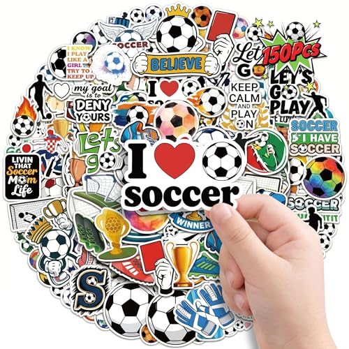 LINAYE 150 PCS Soccer Stickers Vinyl Waterproof Non-Repeating Adhesive Soccer Stickers Decals Bulk for Water Bottles Laptops Soccer Party Favors Goodie Bags Stuffers Gifts for Boys Girls Teens Adults