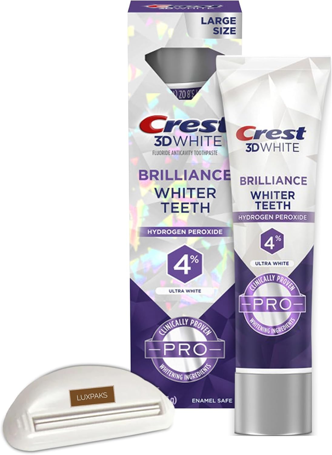 CRST 3D White Brilliance Pro Ultra White Teeth Whitening Toothpaste, 3.8 oz Bundled with LUXPAKS Toothpaste Squeezer – Active Whitening Protection, Deep Clean System