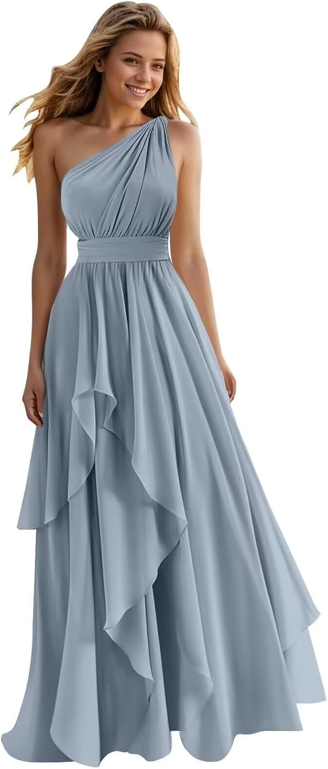 One Shoulder Chiffon Bridesmaid Dresses Long for Women Ruffle A Line Pleated Formal Dresses