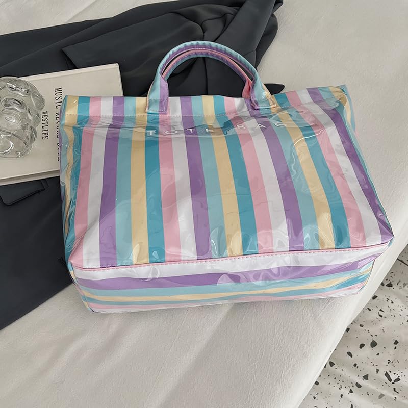 Image of Lushandy Striped PVC Tote Bag for Women, Checkered Plastic Tote Bag for Beach Pool Large Plaid Letters Print Hobo Handbag