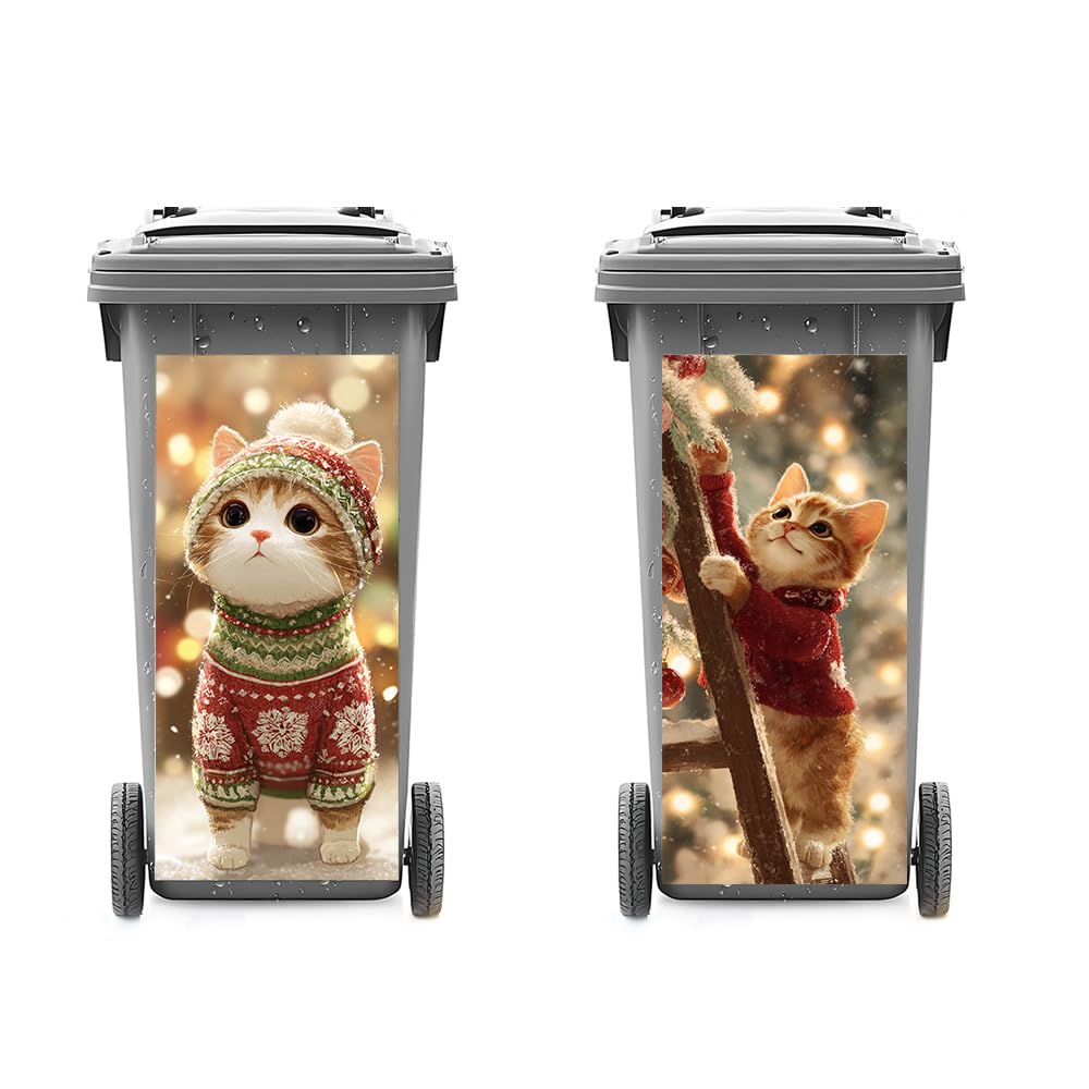 2 PC Trash Can Sticker 14.57 × 32.28 Inch Christmas Cat Sweater Design Vinyl Sticker with Santa Hat Ladder Tree and Light Pattern for Outdoor Garbage Bin Garden Yard Driveway Home Holiday Decor